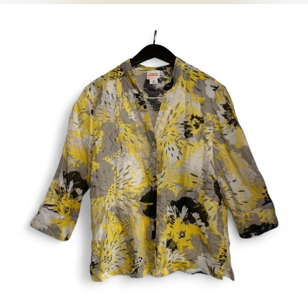 Coquette Ruby Rd. Yellow Gray Floral Button-Down Top size 10
